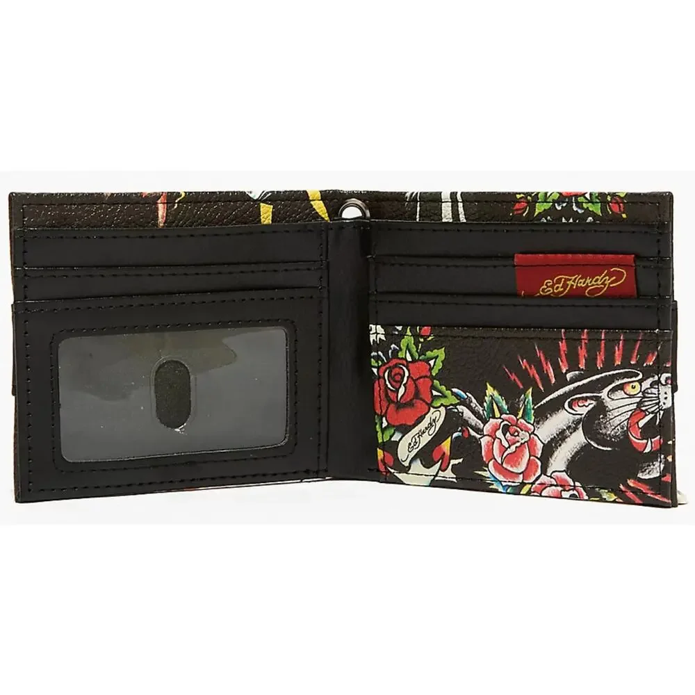 Ed Hardy Men's Pyramid Stud Biker Bifold Black Wallet With Removable Chain